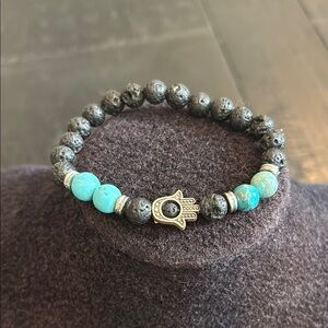 Black and Turquoise Beaded Bracelet with Hamsa Charm
